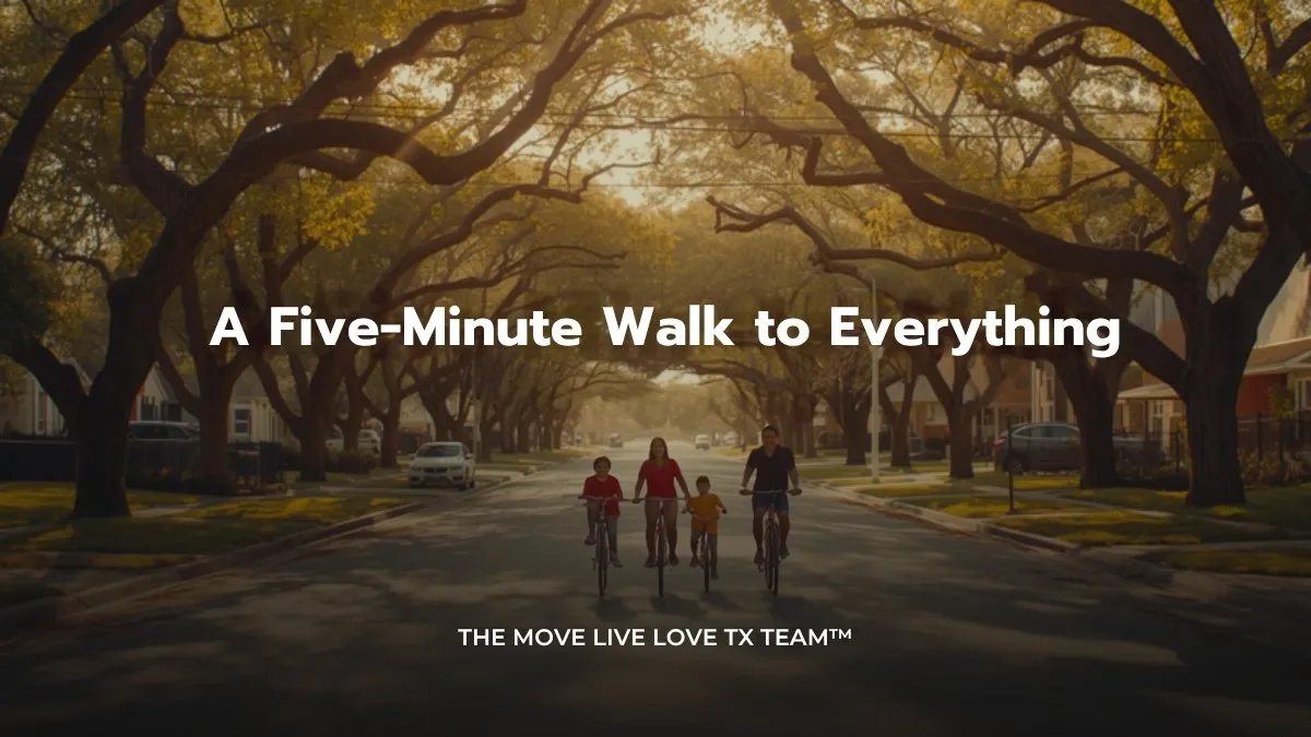 A family riding bicycles together down a tree-lined residential street in Bellaire, Texas under a full canopy of mature oak trees in warm morning light