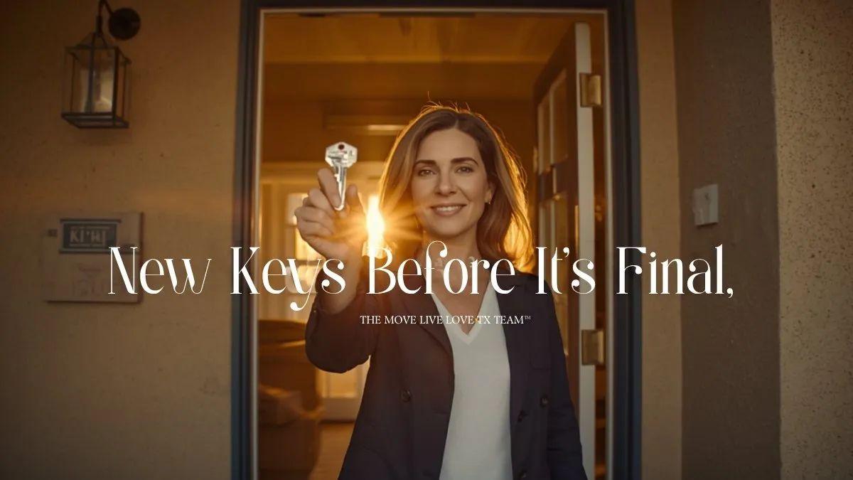 A woman standing in the sunlit doorway of a bright new home at sunrise, holding a set of keys, with softly blurred moving boxes behind her.