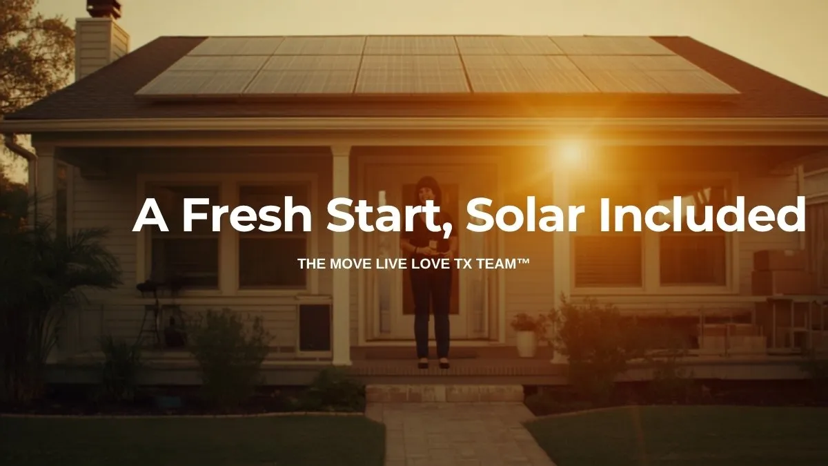 A woman standing on the front porch of a Texas home at sunrise, solar panels on the roof catching golden morning light, moving boxes nearby