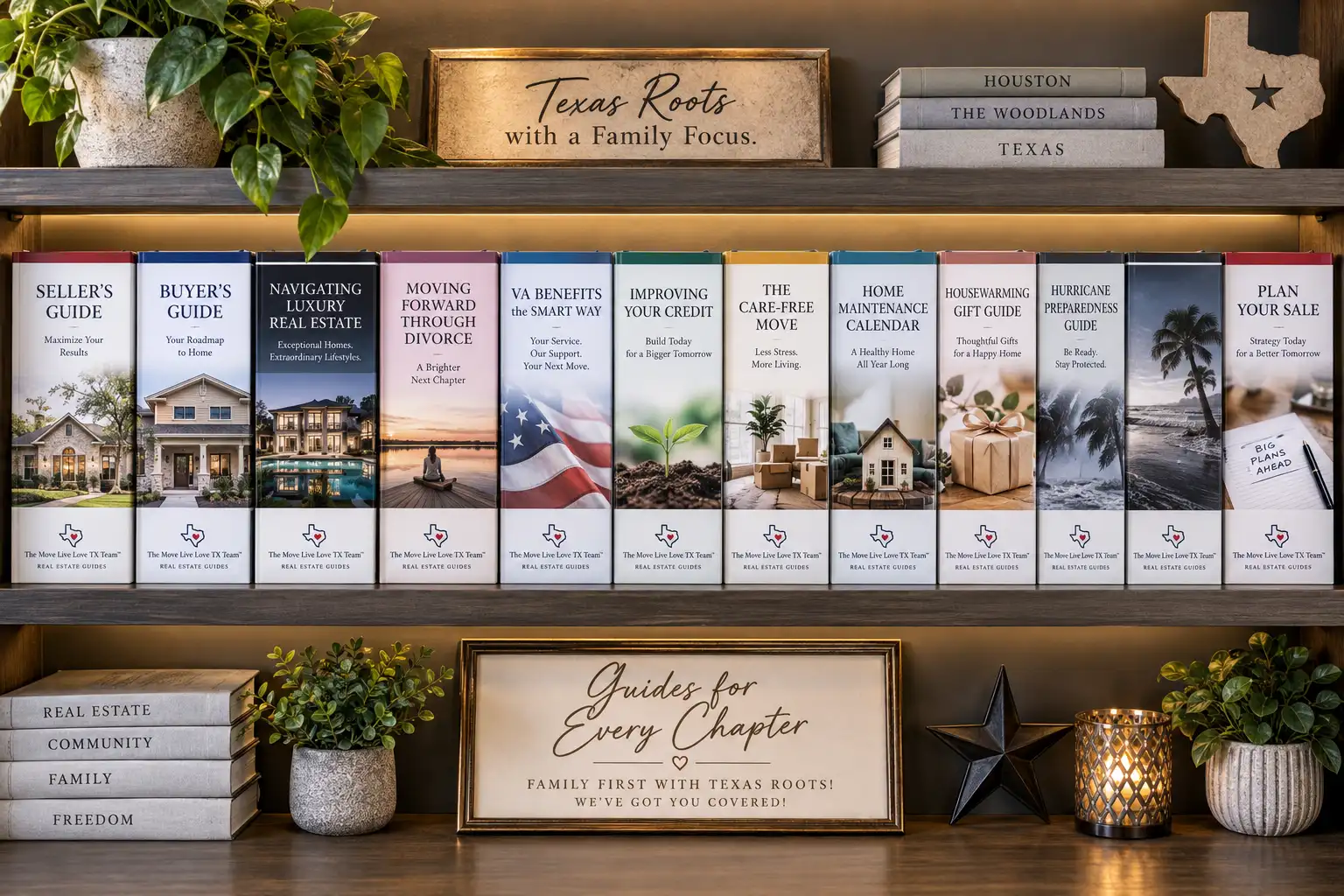 A shelf of The Move Live Love TX Team's real estate guides, one for every chapter