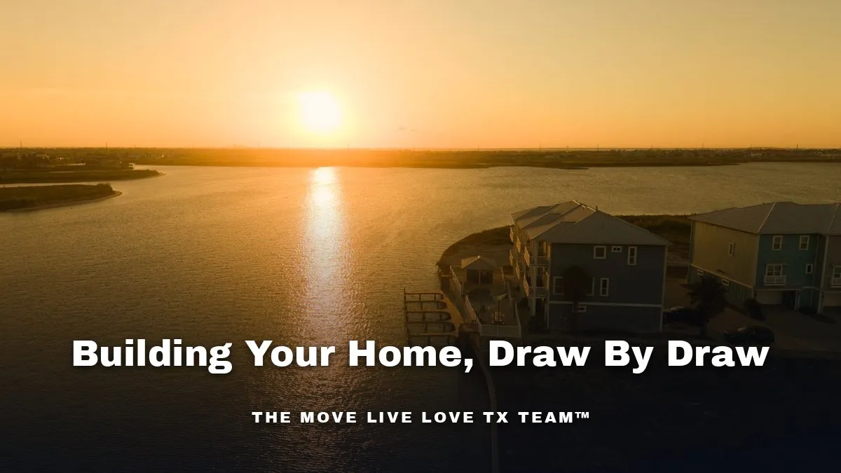 A custom luxury home under construction with exposed wood framing against a bright blue Texas sky
