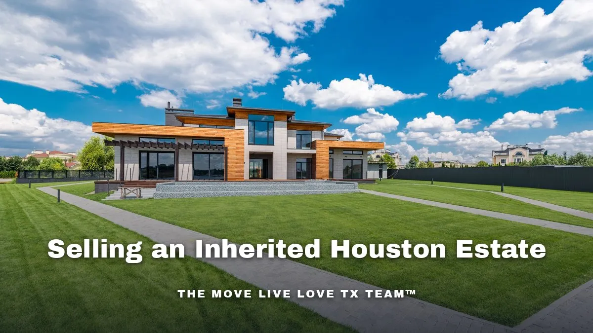 A large brick and stone luxury estate home exterior in warm morning sunlight, Houston area