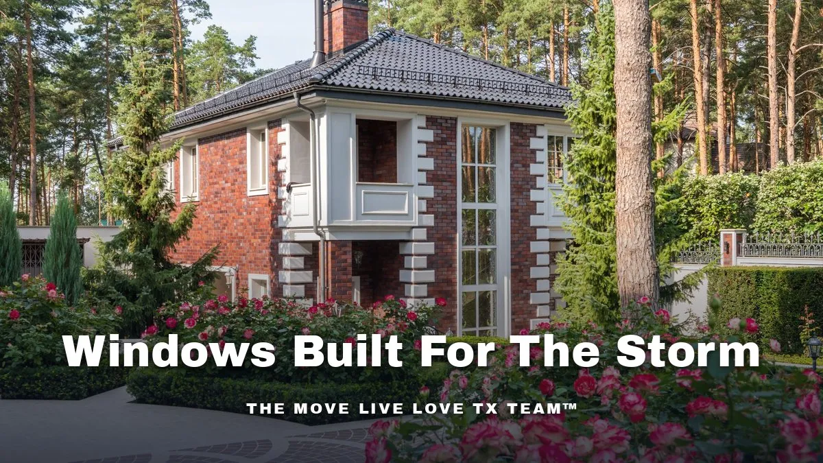 A luxury home exterior in bright daylight with large impact-rated windows and visible storm shutters