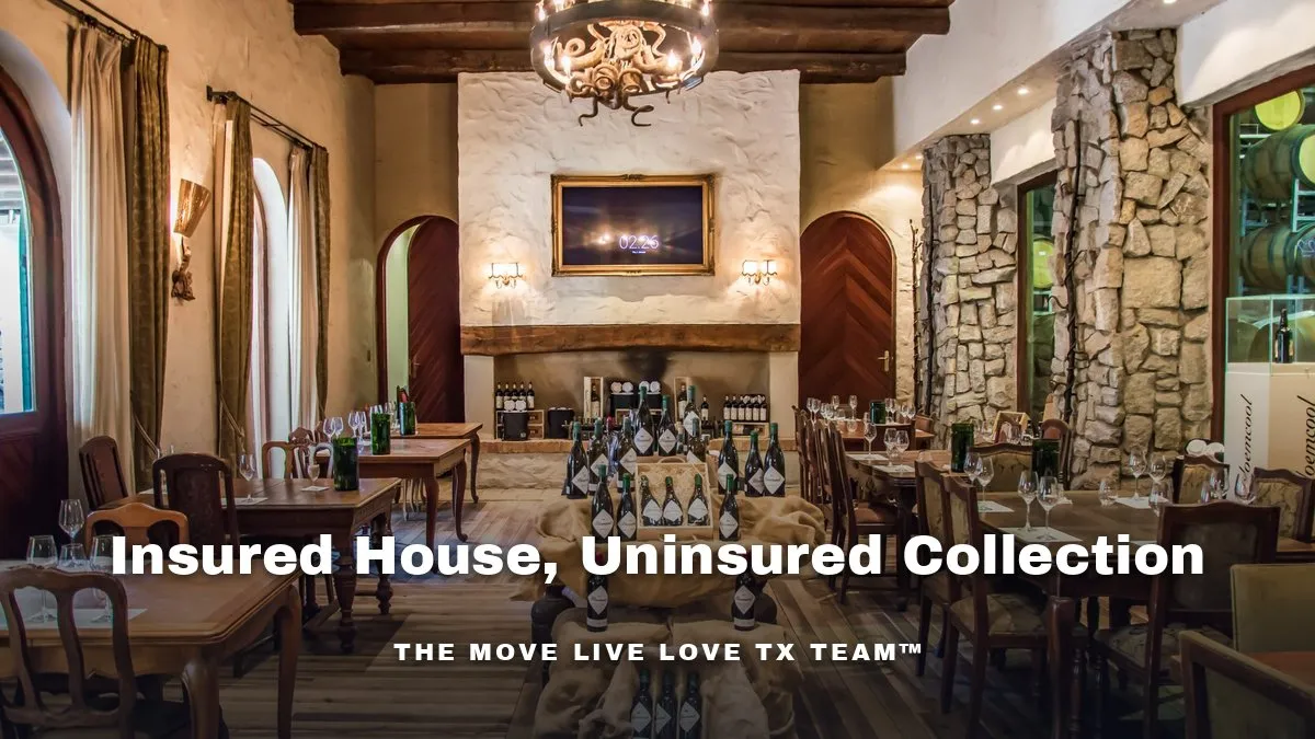 A curated art and wine collection displayed inside a bright, upscale Houston home