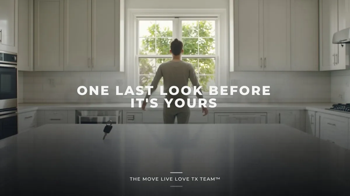 A buyer in bright daylight checks a kitchen appliance in an empty, sunlit Texas home shortly before closing, keys in hand