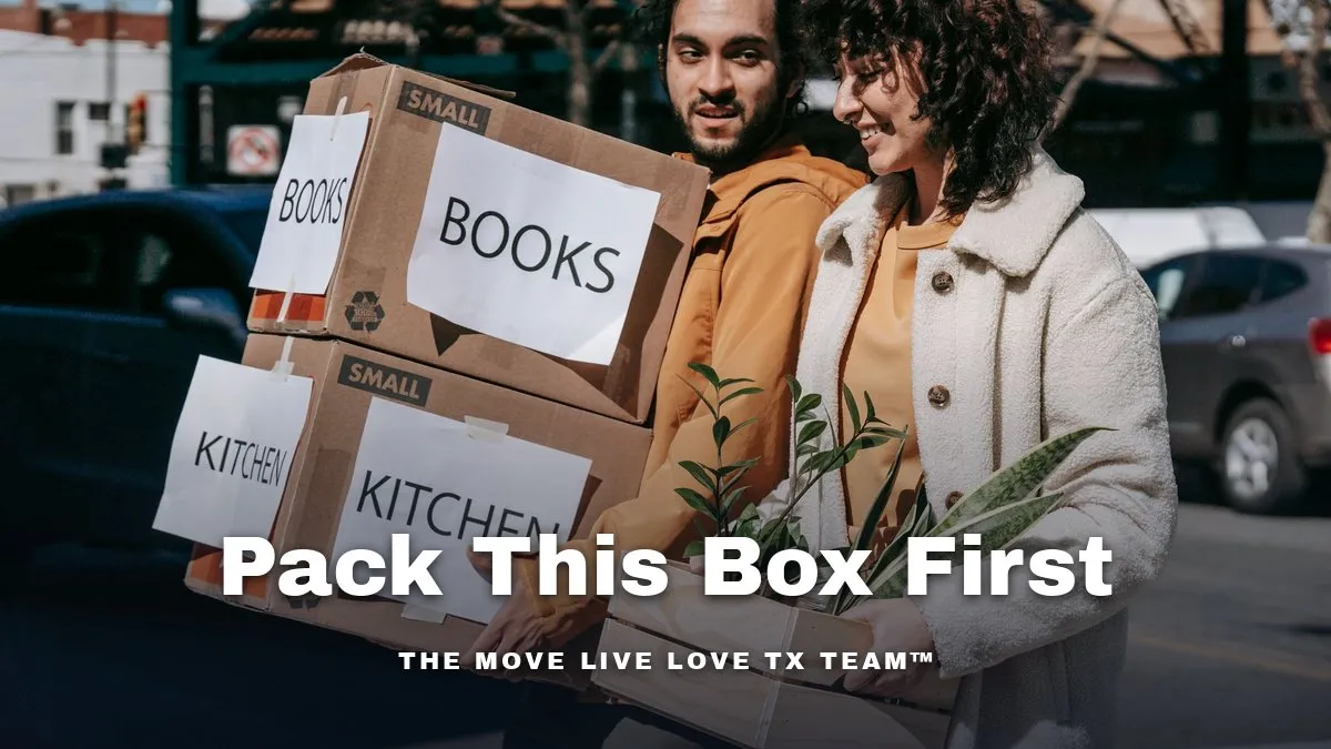 People carrying labeled moving boxes into a bright home on a sunny Houston-area afternoon