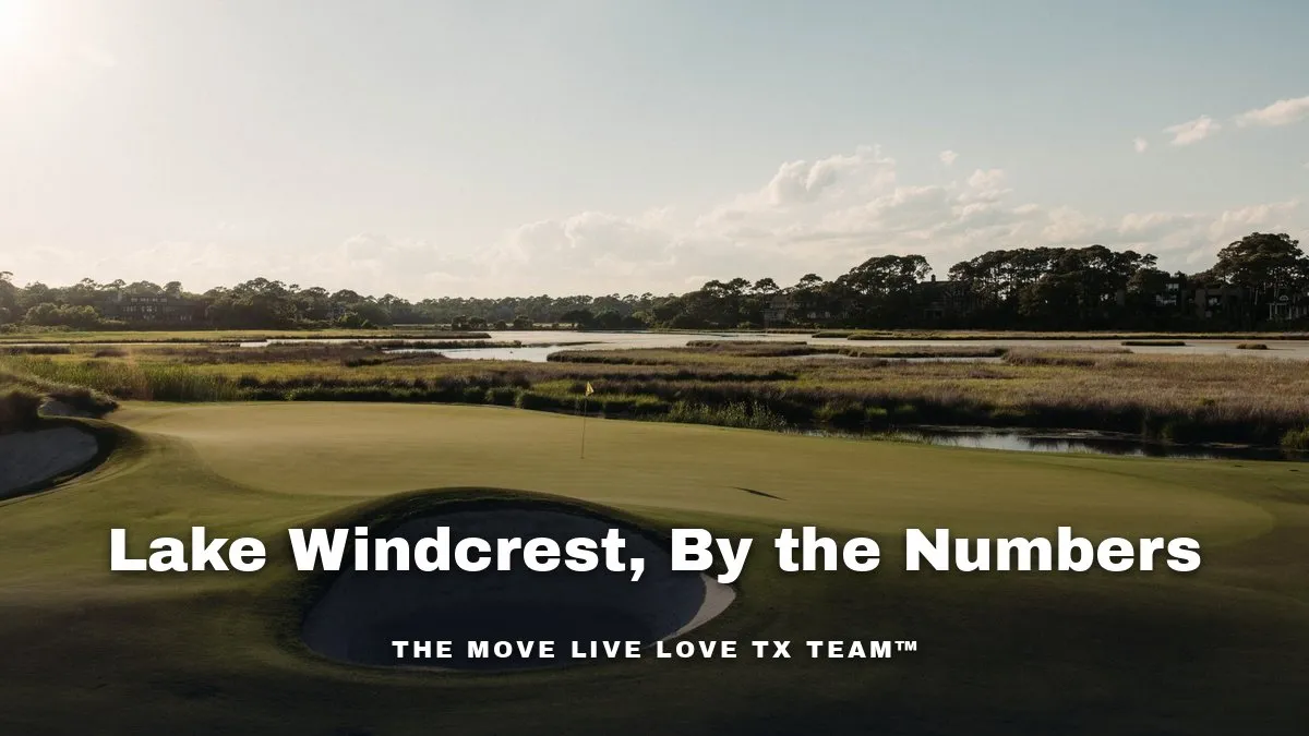 A large brick home beside a private lake and golf course under bright daylight in a Texas master-planned community
