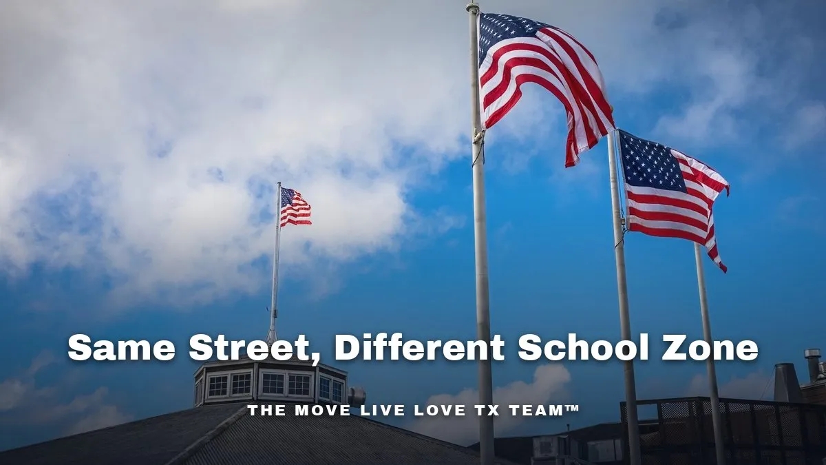 A bright Texas elementary school building with a flagpole and a drop-off lane under morning sunlight