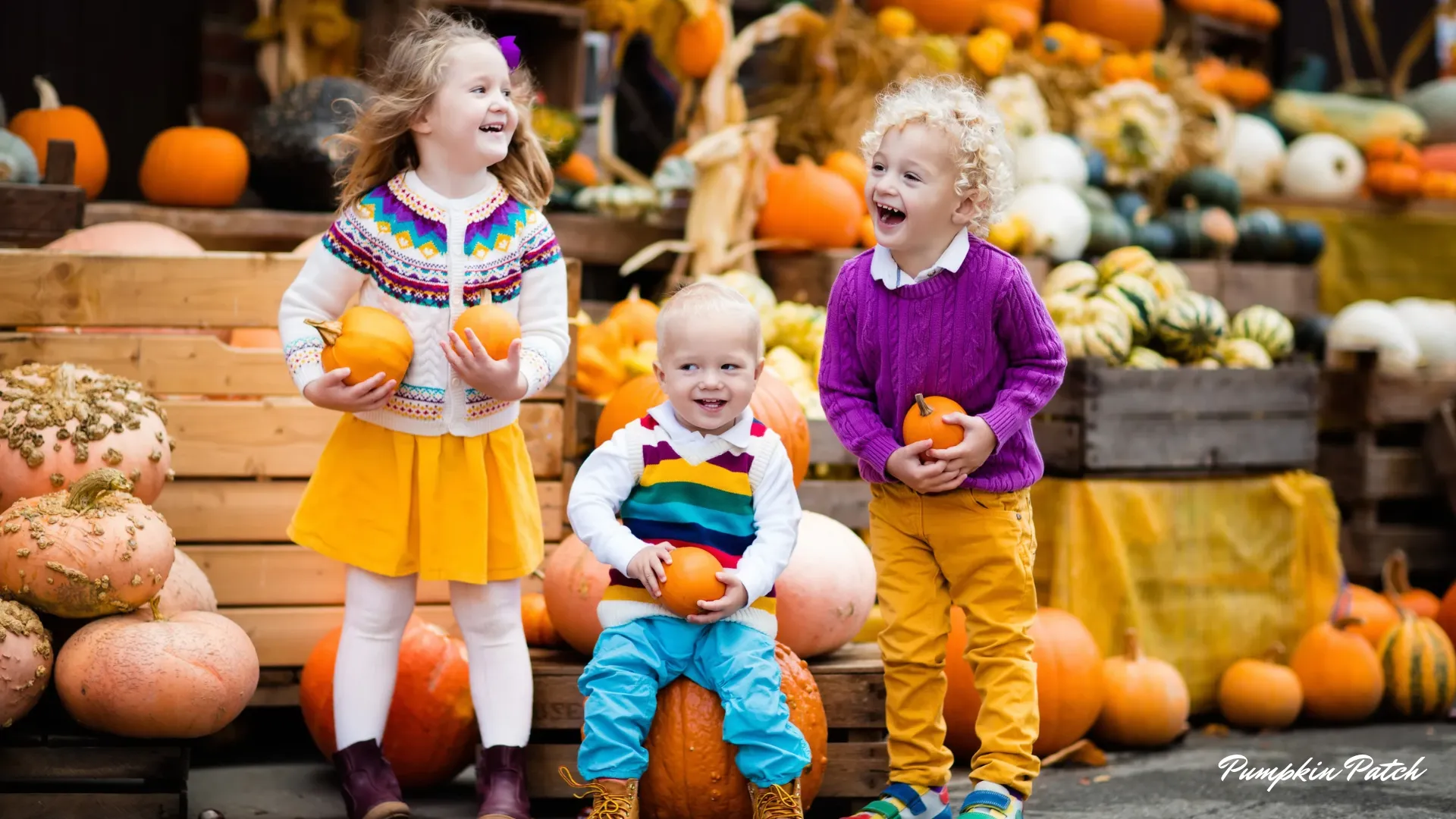 Three young children laughing at a pumpkin patch, holding small pumpkins in front of crates of gourds