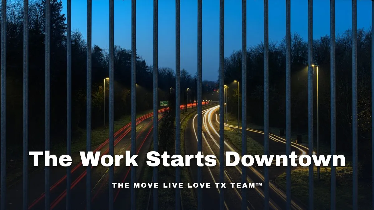 Traffic moving along a wide Texas interstate at dusk with construction barriers lining the shoulder
