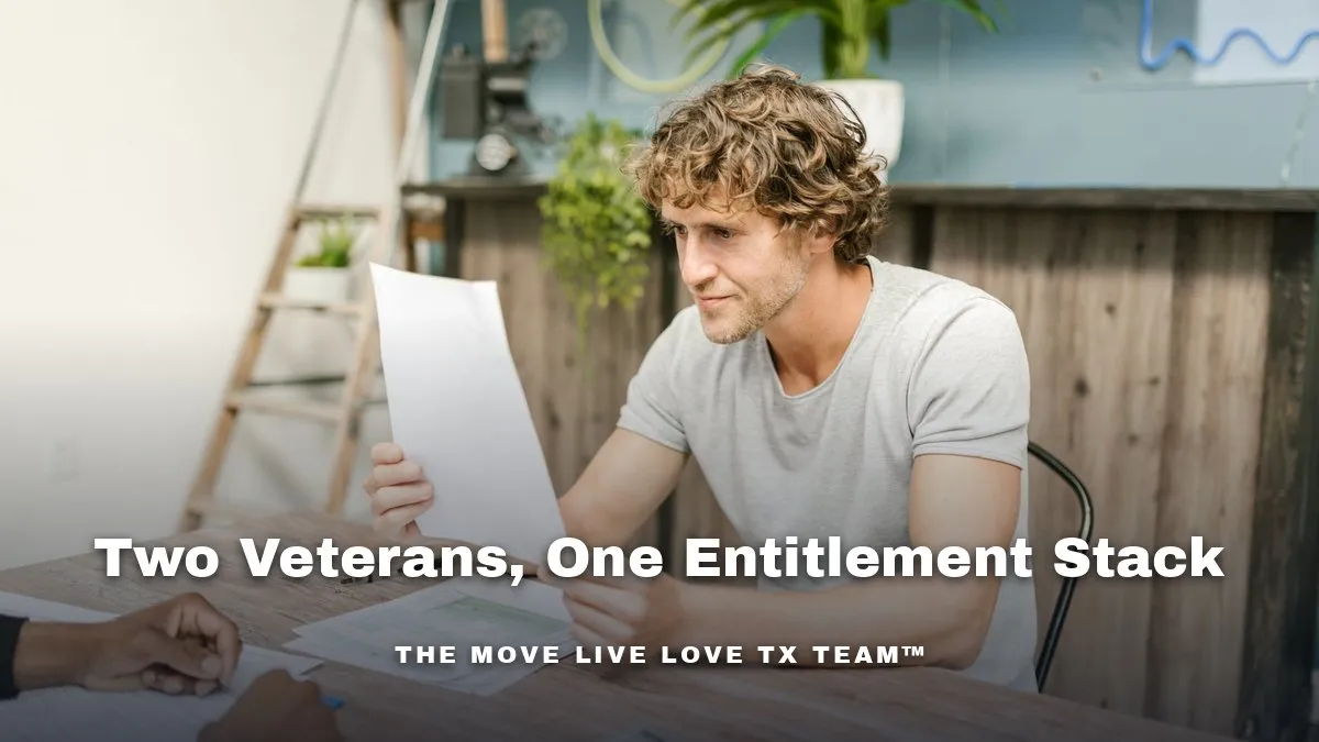 Two service members in casual clothes reviewing paperwork together at a bright kitchen table