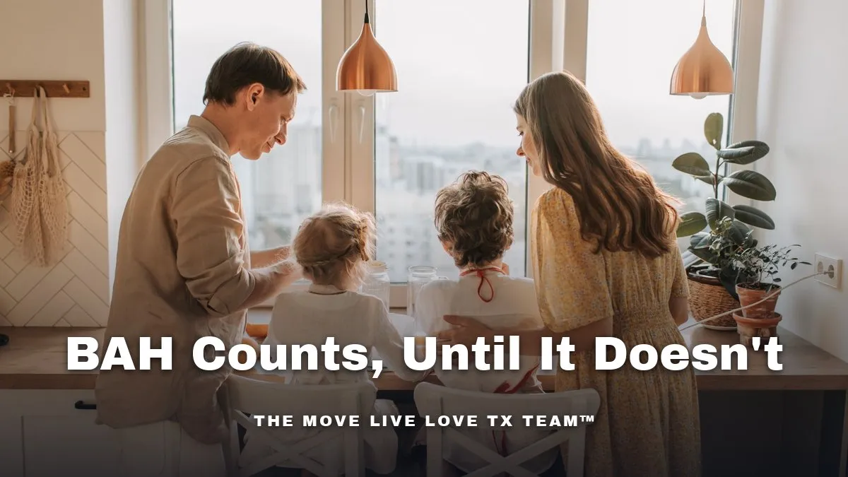 A military family sitting together at a kitchen table reviewing paperwork in warm morning light