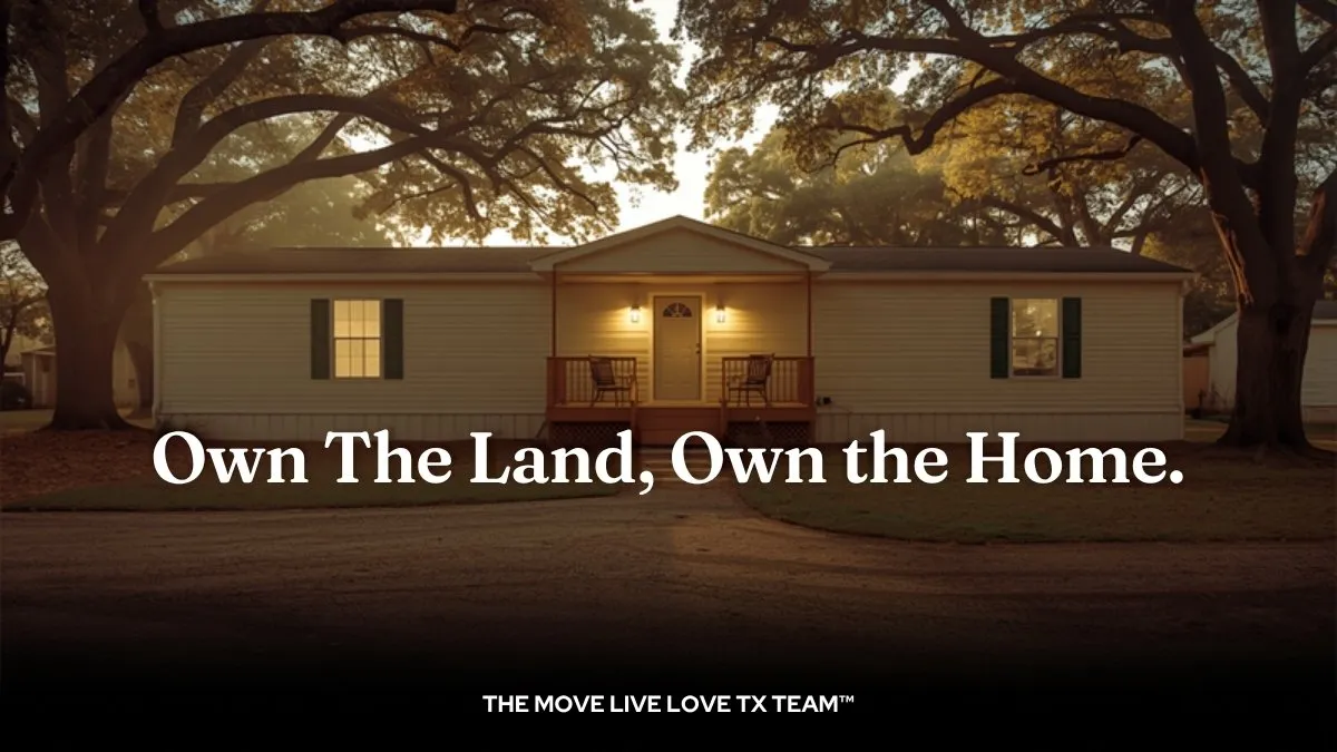 A well-kept manufactured home on a spacious owned lot near Houston, golden hour light on the covered porch and mature trees