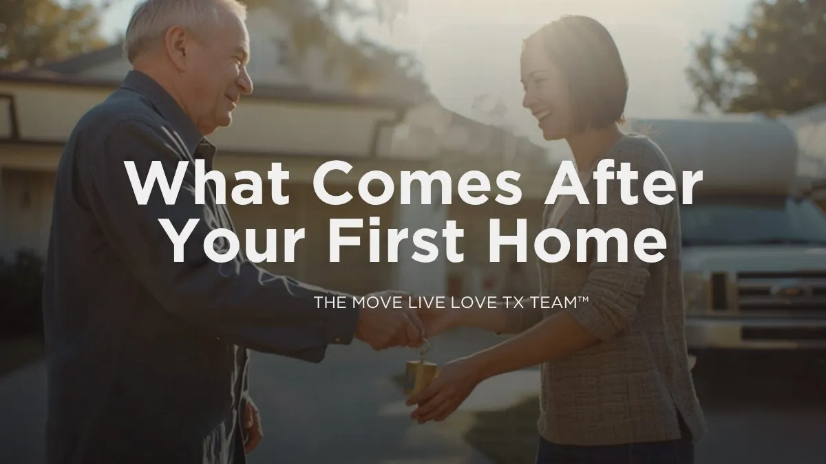 A veteran hands house keys to a young family in front of a bright suburban Houston home with a moving truck nearby, warm daylight
