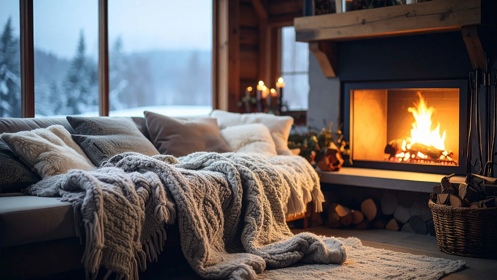 A cozy living room with a fireplace on a winter evening